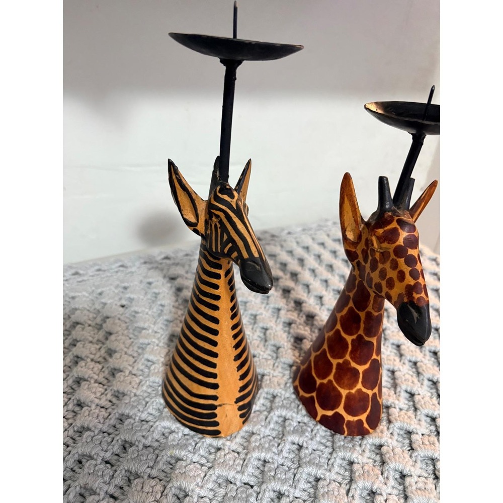 Hand Carved Wood Zebra Giraffe Candle Holder Set Made in Kenya African Folk Art - Picture 3 of 16